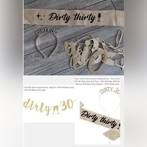 Gold Glitter 'Dirty 30' Party Banner and Headband Set and Sash